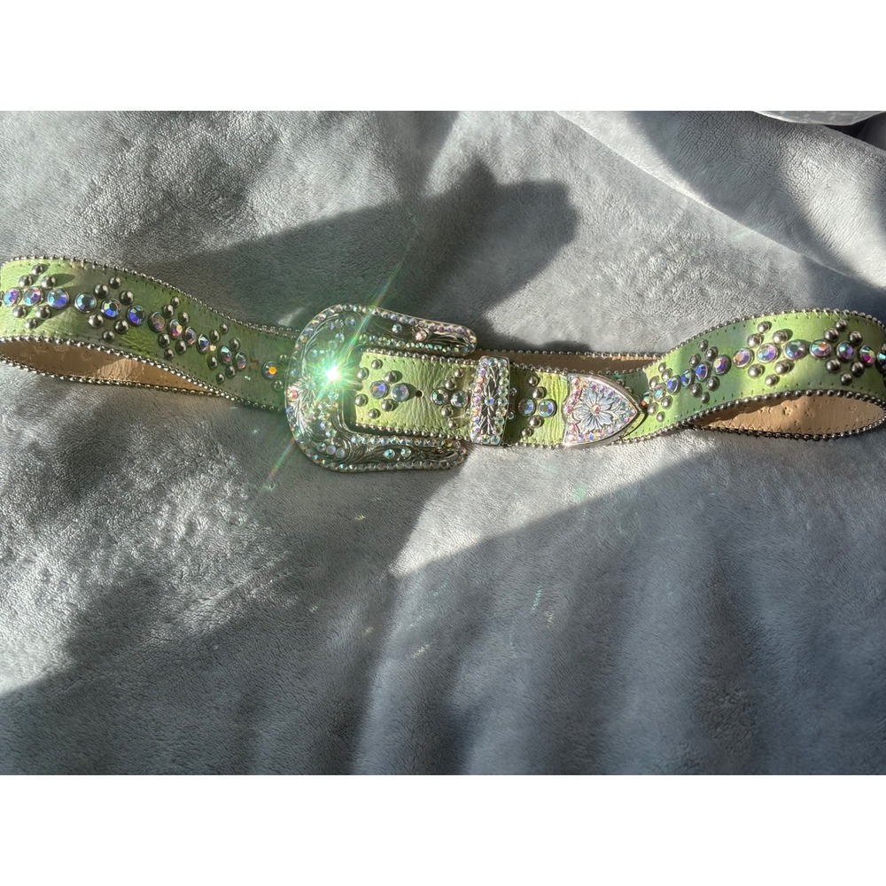 BB Simon Light Green Crystal Embellished Western Belt XXL 3074 A 41 Y2K